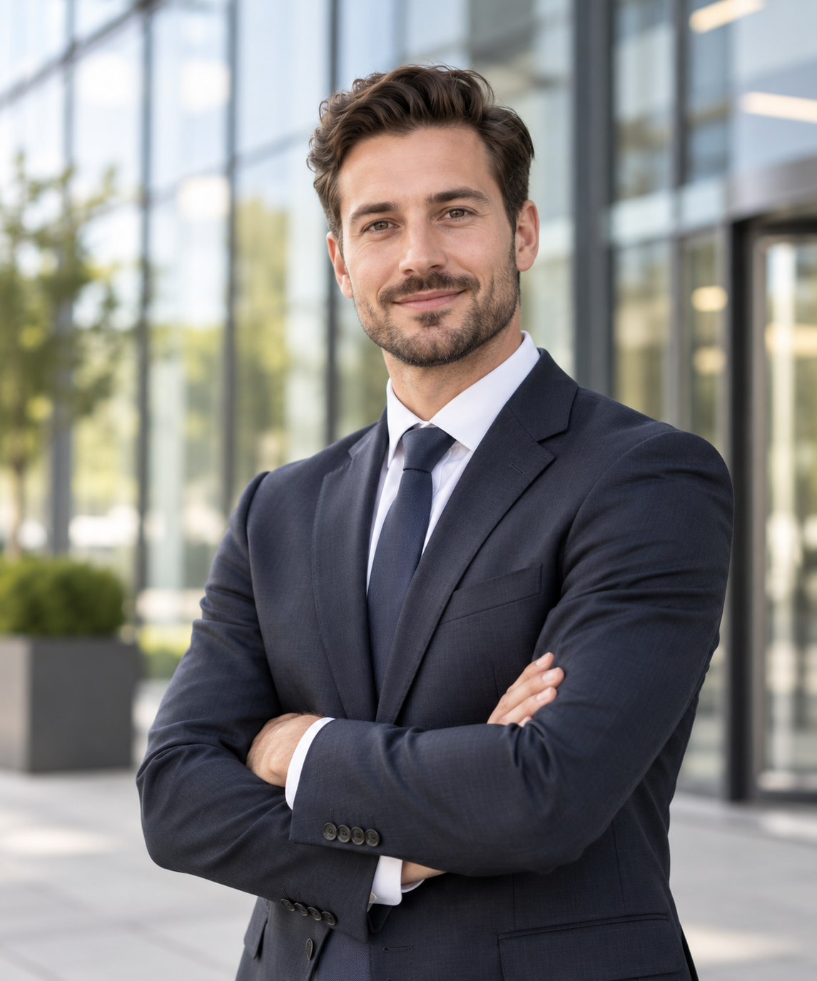Businessportrait eines Mannes im Anzug vor moderner Glasfassade
