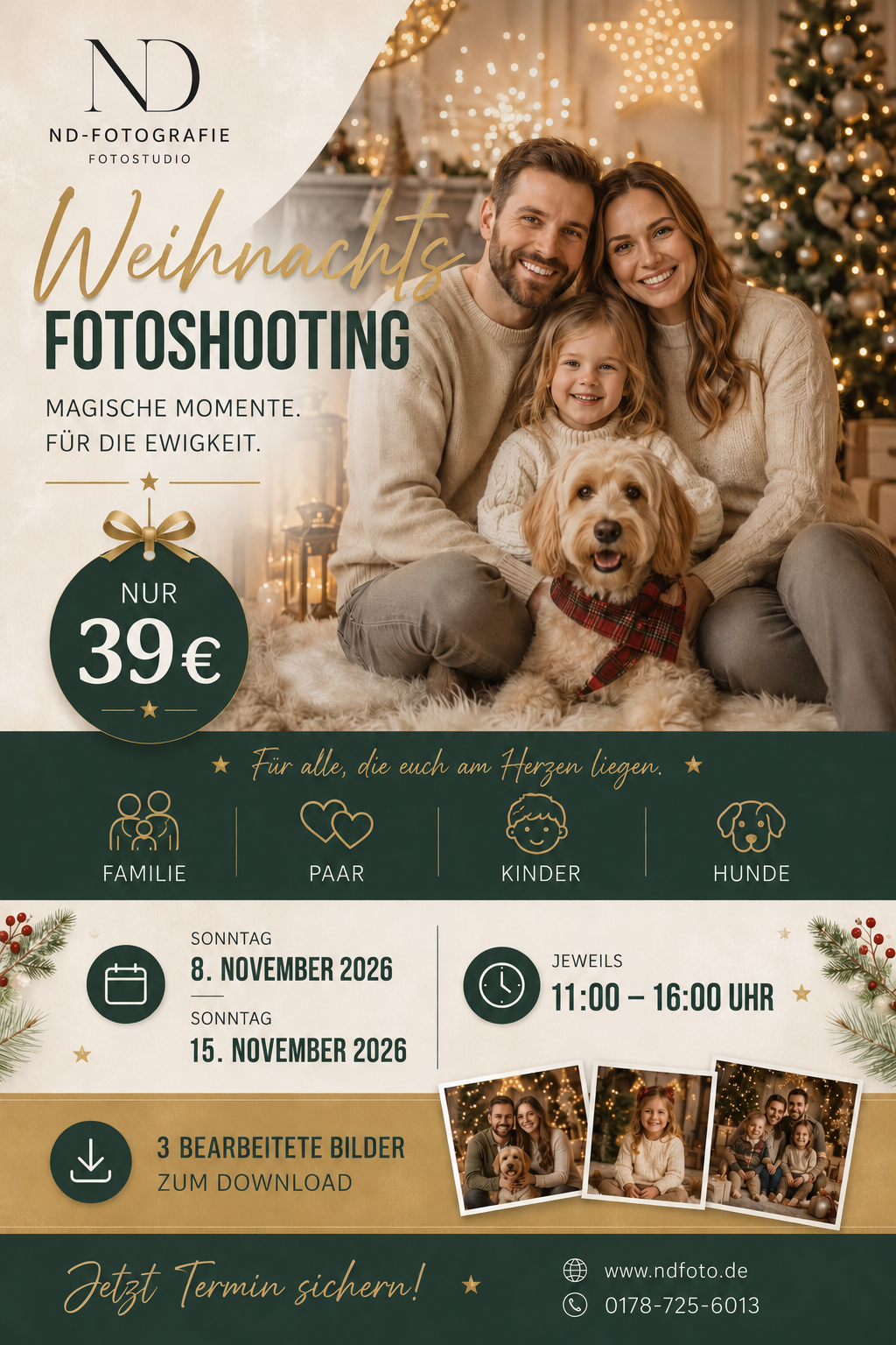 Weihnachts-Fotoshooting am 8. und 15. November 2026, jeweils von 11:00 bis 16:00 Uhr